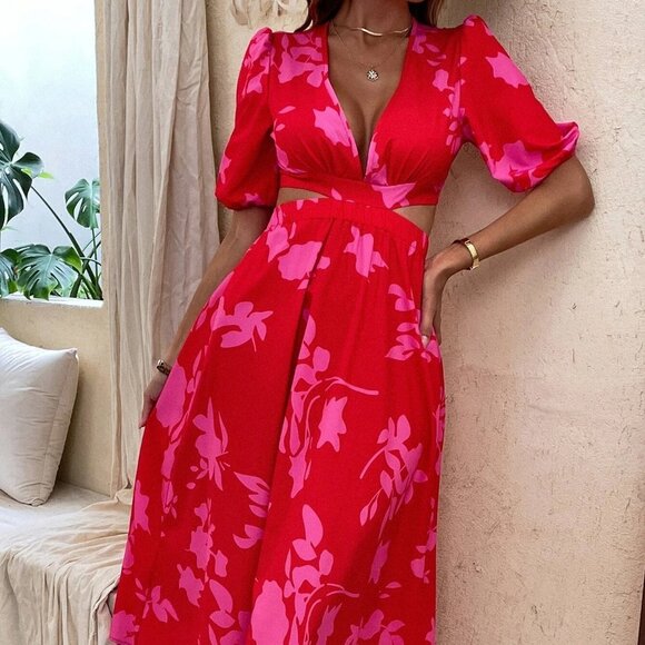 Red Boho Womens Floral Print Puff Sleeve Cut Out Tie Back Dress - Picture 2 of 5